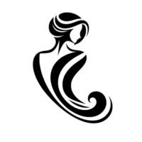 Elegant Silhouette A stylized black and white illustration of a womans figure, emphasizing graceful lines and flowing hair, set against a pristine white backdrop. vector
