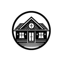 Black and white minimalist of a house with a cross in the center of the roof, enclosed by a black circle. vector