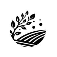 Stylized black and white featuring a flourishing branch above a field, encapsulated within a semicircular , with dotted accents. vector