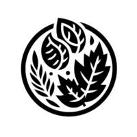 Intricate Botanical Emblem Stylized Black and White Circle Composition Featuring Leaves and Branches. vector