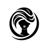 Minimalist black and white silhouette of a womans face and hair, framed within a circular , conveying elegance and simplicity. vector