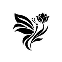 A stylized black and white illustration of a butterfly intertwining with a flower, creating a harmonious and elegant emblem against a plain white background. vector