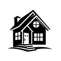 A stylized black and white illustration of a house with a chimney, steps, windows, and a round window, conveying simplicity and modern architecture. vector