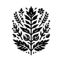 Intricate Botanical Emblem A symmetrical, stylized illustration of a central leafy stalk surrounded by various floral and foliar elements in bold black against a white background. vector