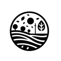 Stylized black and white nature illustration within a circular frame, depicting a landscape with trees, a leaf, sun, and stylized waves or fields. vector