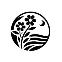 Monochromatic Floral Two daisylike flowers with leaves, a crescent moon, and stylized water or landscape elements framed within a black circular outline on a white background. vector