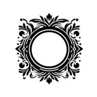 Intricate Black and White Circular Frame with Ornate Foliage, Geometric Accents, and a Central Blank Space for Text or Imagery, Isolated on White. vector