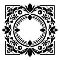 Intricate Black and White Floral Frame A Symmetrical Composition with Foliage and Circular Elements, Ideal for Decorative Applications. vector