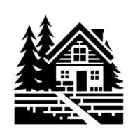 A monochrome illustration of a cabin nestled between pine trees, featuring a path leading to the front door, set against a stark white background. vector