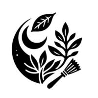 Abstract monochrome illustration featuring a stylized crescent moon, leaves, branches, and a brush arranged in a circular composition on a white background. vector
