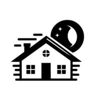 Silhouette of a cozy house under a crescent moon and twinkling stars, with smoke trails, offering a sense of peaceful night dwelling. vector