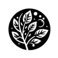 A stylized, black and white circular featuring a tree with intricate leaves and a moon with dots against a backdrop. vector