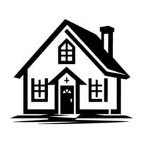 A minimalist black and white illustration of a house, featuring a gabled roof, chimney, and windows, perfect for real estate, home, or architecture projects. vector
