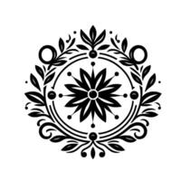Elegant Floral Mandala A symmetrical, black and white featuring a central stylized flower within a circular frame, with ornate leaves, swirls, and decorative elements against a pristine white vector