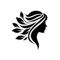Silhouette of a womans profile intertwined with leaves, symbolizing natural beauty and the harmony of nature, set against a stark white background. vector
