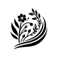 Stylized Black and White Floral Motif in a Circular Arrangement, Featuring a Central Flower and Embellished with Leaves and Decorative Lines on a White Background. vector