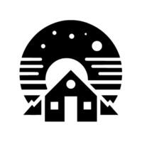 Black and White Stylized Illustration House Silhouetted Against a Celestial Backdrop Featuring Stars and Horizontal Lines. vector