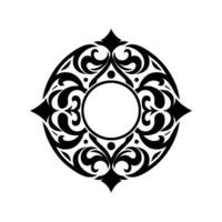 Intricate symmetrical black and white ornamental featuring a central circle, ornate floral patterns, and pointed extensions, set against a clean, bright background. vector