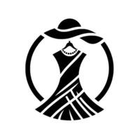 Elegant Monochrome Fashion A Dress on a Hanger with a Sun Hat, Enclosed in a Circular Frame vector