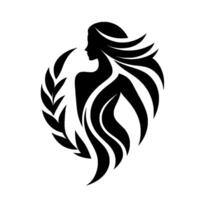 A silhouette of a woman with flowing hair, encircled by a laurel wreath, elegant and symbolic, minimalist in black and white. vector