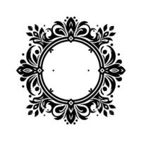 Intricate Black and White Floral Ornament with a Central Circular Frame, Featuring Decorative Leaves, Swirls, and Geometric Accents on a White Background. vector