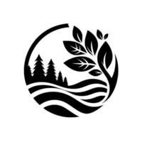 Elegant Black and White Circle Featuring a Tree with Leaves and Coniferous Trees on a Flowing Landscape, Symbolic of Nature. vector