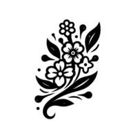 Stylized Black and White Floral Arrangement A symmetrical composition of flowers, leaves, and decorative elements on a plain white background, showcasing a clean and modern . vector