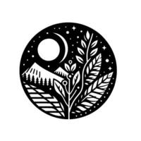 Minimalist nightscape emblem with mountain silhouettes, crescent moon, stars, and stylized foliage inside a circular frame, evoking nature and tranquility. vector
