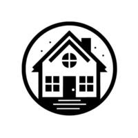A minimalist, black and white illustration of a house within a circle, showcasing geometric shapes, and a flat style with a focus on architecture. vector