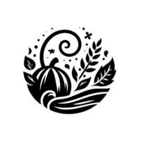 Minimalist Monochrome Emblem A stylized pumpkin, adorned with leaves, swirls, and sprigs, embodying autumns essence within a circular frame. vector