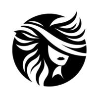 Elegant Silhouette A stylish black and white of a woman within a circle, featuring flowing hair and subtle facial features. vector