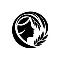 Elegant Silhouette A profile of a woman encircled by a laurel wreath, forming a circular minimalist emblem, evoking classical beauty, grace, and nature. vector