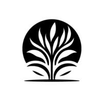 A minimalist, elegant emblem featuring stylized plant elements, radiating from a central stem against a textured black orb on a white background. vector