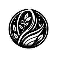 Stylized botanical emblem of a black and white circle containing layered leaves, curving lines, dots, and minimalist plant elements. vector