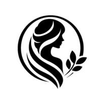 Elegant Silhouette of a Woman with Flowing Hair and Laurel Branch, Enclosed in a Circle, Representing Beauty and Nature. vector