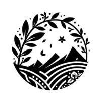 A minimalist, circular emblem in monochrome depicting a stylized mountain range and cultivated fields enclosed by an organic plantbased border with a flower and falling leaves. vector
