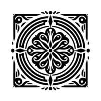 Intricate Black and White Geometric Floral Pattern within a Square Frame, featuring Radial Symmetry and Decorative Elements. vector