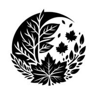 A symmetrical, monochromatic emblem of autumns beauty, featuring stylized leaves, branches, and maple leaves arranged within a circular border. vector
