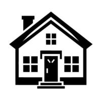 Clean, black and white minimalist depiction of a classic house, with a gabled roof, chimney, windows, and door, presented as a symbol. vector