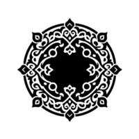An ornate black and white circular , featuring a central solid rectangle enclosed by arabesque floral and geometric patterns on a white background. vector