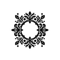 Intricate Black and White Floral Emblem An ornate, symmetrical featuring a central open circle adorned with stylized floral elements, leaves, and dots. vector