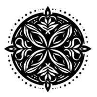 Intricate monochrome symmetrical circular , featuring floral and geometric elements, surrounded by dotted border, perfect for decorative applications. vector
