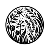 A stylized black and white circular illustration featuring a sun, various plants, and floral elements, creating a harmonious natural composition. vector
