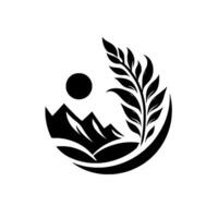 A monochrome natureinspired emblem featuring a stylized mountain range beneath a sun, framed by a crescent and embellished with a sprig of leaves. vector