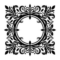 Intricate Black and White Floral Frame A symmetrical, stylized, ornamental with a circular void at its center, perfect for a classic or vintagethemed aesthetic. vector