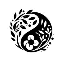 A floral YinYang symbol, with symmetrical branches and a central flower, in stark black and white, conveying harmony and balance. vector