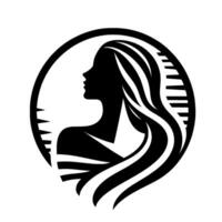 Silhouette of a woman with flowing hair within a circular frame, showcasing elegance, beauty, and a sense of grace through minimalist . vector