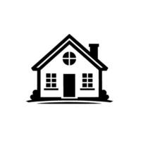 A simplified, black and white illustration of a classic house, featuring a chimney, cross window, symmetrical windows and door, set against a plain white background. vector