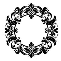 Intricate black floral wreath against a white background, symmetrical, circular, featuring elegant flourishes and ornamental details with negative space. vector