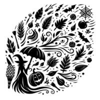 A decorative Halloween composition in black and white, featuring a witch, pumpkin, umbrella, and various seasonal elements, arranged in a stylized, swirling pattern. vector